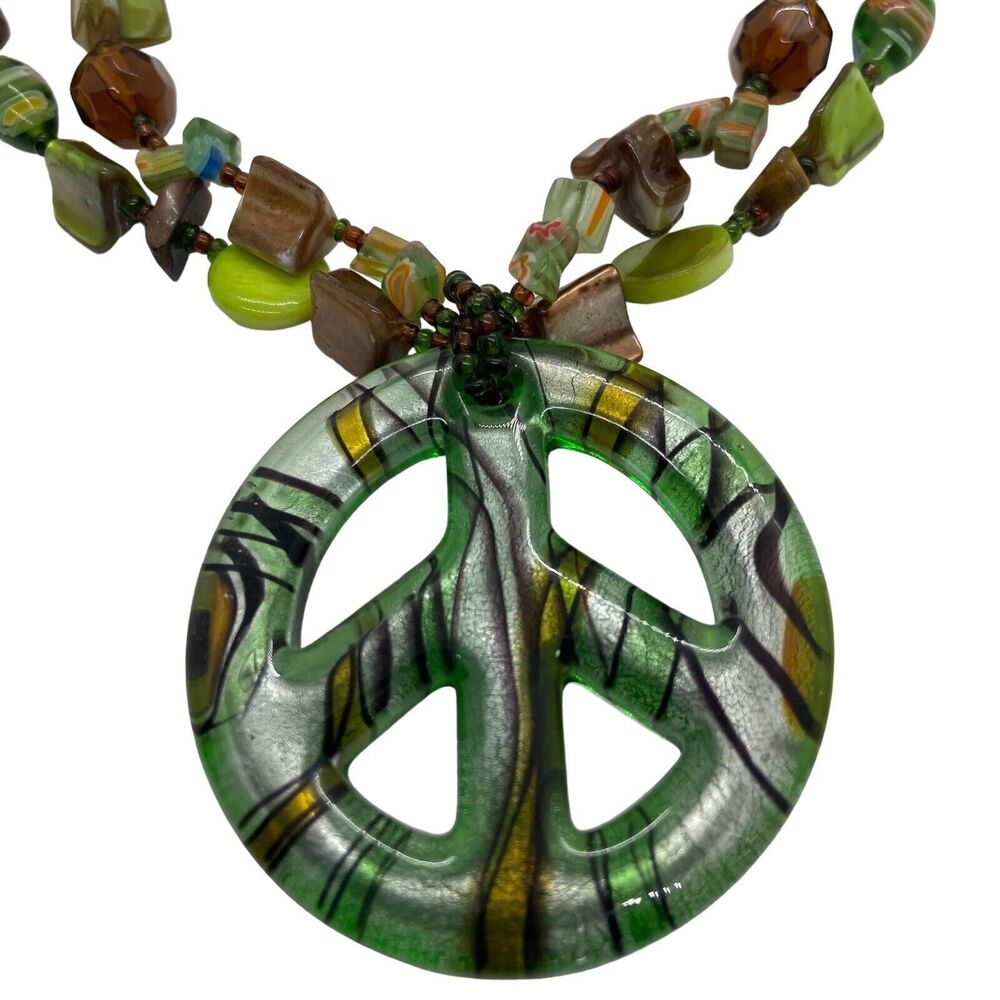 Peace Sign Necklace Glass Beaded Handmade Green Reversible Dyed Shell Lobster